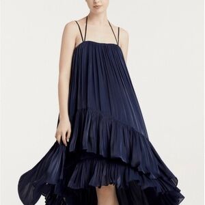 NWT $595 Cinq à Sept Soliel Ruffle Trapeze High Low Dress Navy Blue size 6